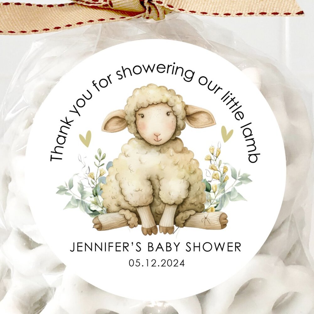 Personalized Little Lamb Baby Shower Stickers, Lamb Theme Baby Shower Stickers